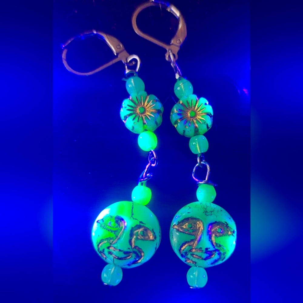 Blue uranium moon and flower earrings stainless steel